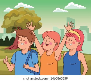 Teenagers friends smiling and greeting with cool clothes and accesories in the city park scenery, urban scenery ,vector illustration.