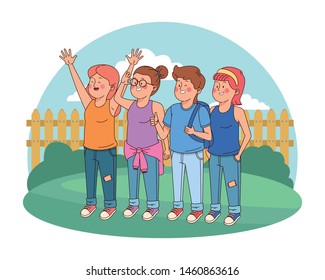 Teenagers friends smiling and greeting with cool clothes and accesories in house garden scenery ,vector illustration.