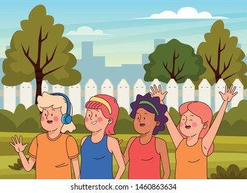 Teenagers friends smiling and greeting with cool clothes and accesories in the city park scenery, urban scenery ,vector illustration.