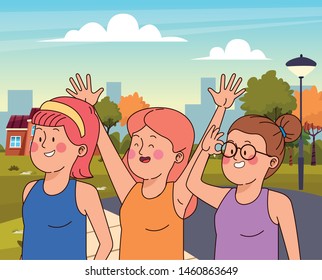 Teenagers friends smiling and greeting with cool clothes and accesories in the town, cityscape scenery ,vector illustration.
