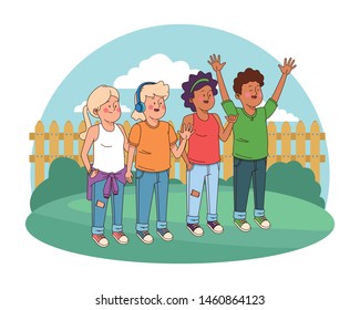 Teenagers friends smiling and greeting with cool clothes and accesories in house garden scenery ,vector illustration.