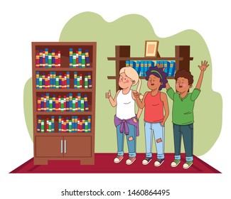 Teenagers friends smiling and greeting with cool clothes and accesories in house study room with library ,vector illustration.