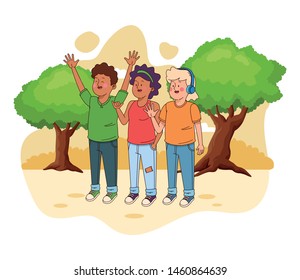 Teenagers friends smiling and greeting with cool clothes and accesories in nature park scenery ,vector illustration.