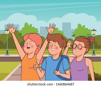 Teenagers friends smiling and greeting with cool clothes and accesories in the city park scenery, urban scenery ,vector illustration.