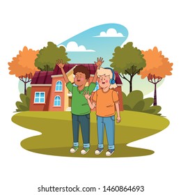 Teenagers friends smiling and greeting with cool clothes and accesories outside house scenery ,vector illustration.