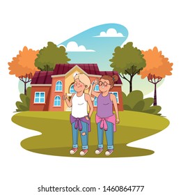 Teenagers friends smiling and greeting with cool clothes and accesories outside house scenery ,vector illustration.
