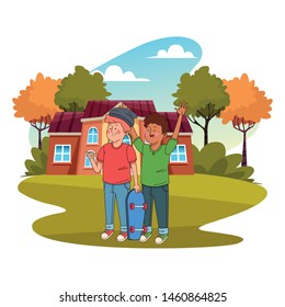 Teenagers friends smiling and greeting with cool clothes and accesories outside house scenery ,vector illustration.
