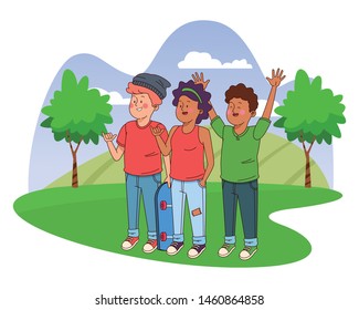 Teenagers friends smiling and greeting with cool clothes and accesories in nature park scenery ,vector illustration.