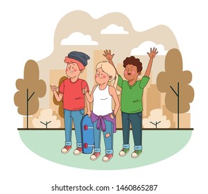 Teenagers friends smiling and greeting with cool clothes and accesories in the city, urban scenery ,vector illustration.