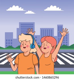 Teenagers friends smiling and greeting with cool clothes and accesories in the city scenery, urban scenery ,vector illustration.