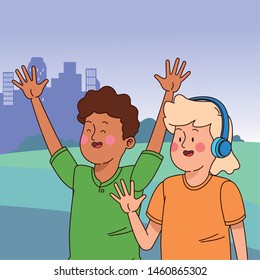 Teenagers friends smiling and greeting with cool clothes and accesories in the city park scenery, urban scenery ,vector illustration.