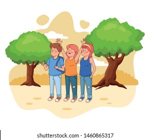 Teenagers friends smiling and greeting with cool clothes and accesories in nature park scenery ,vector illustration.