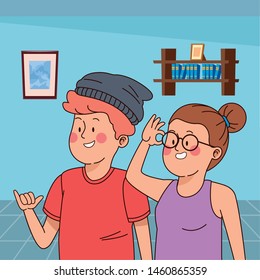 Teenagers friends smiling and greeting with cool clothes and accesories ,vector illustration.
