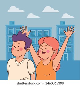 Teenagers friends smiling and greeting with cool clothes and accesories in the city park scenery, urban scenery ,vector illustration.