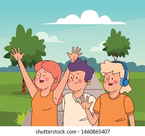 Teenagers friends smiling and greeting with cool clothes and accesories ,vector illustration.