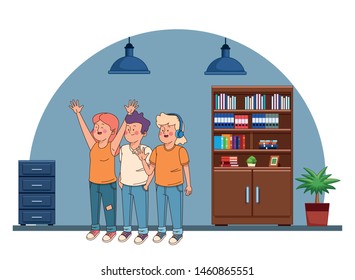 Teenagers friends smiling and greeting with cool clothes and accesories in house study room with library ,vector illustration.