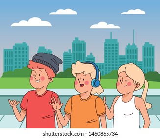 Teenagers friends smiling and greeting with cool clothes and accesories in the city park scenery, urban scenery ,vector illustration.