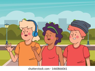 Teenagers friends smiling and greeting with cool clothes and accesories in the city park scenery, urban scenery ,vector illustration.