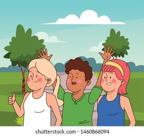 Teenagers friends smiling and greeting with cool clothes and accesories ,vector illustration.