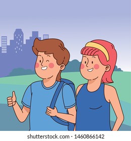 Teenagers friends smiling and greeting with cool clothes and accesories in the city park scenery, urban scenery ,vector illustration.