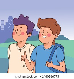 Teenagers friends smiling and greeting with cool clothes and accesories in the city park scenery, urban scenery ,vector illustration.