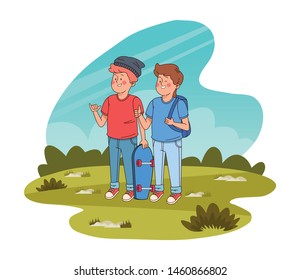 Teenagers friends smiling and greeting with cool clothes and accesories in nature park scenery ,vector illustration.