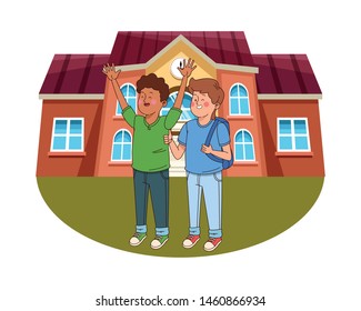 Teenagers friends smiling and greeting with cool clothes and accesories outside house scenery ,vector illustration.