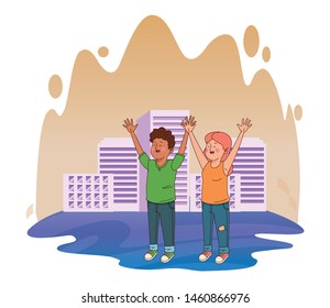 Teenagers friends smiling and greeting with cool clothes and accesories in the city, urban cityscape scenery ,vector illustration.