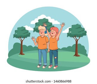 Teenagers friends smiling and greeting with cool clothes and accesories in nature park scenery ,vector illustration.