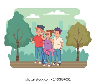 Teenagers friends smiling and greeting with cool clothes and accesories in the city, urban scenery ,vector illustration.