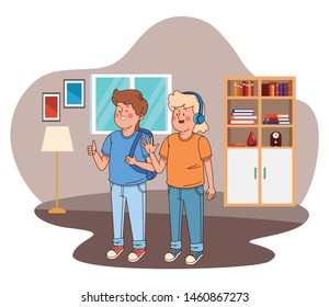 Teenagers friends smiling and greeting with cool clothes and accesories in house study room with library ,vector illustration.