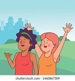Teenagers friends smiling and greeting with cool clothes and accesories in the city park scenery, urban scenery ,vector illustration.