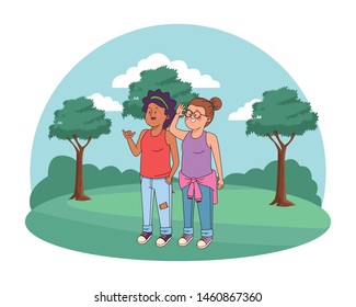Teenagers friends smiling and greeting with cool clothes and accesories in nature park scenery ,vector illustration.