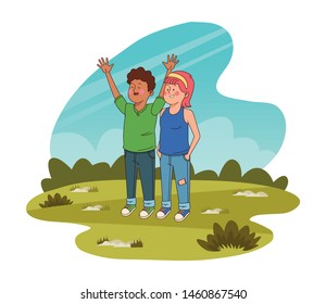 Teenagers friends smiling and greeting with cool clothes and accesories in nature park scenery ,vector illustration.