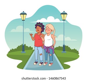 Teenagers friends smiling and greeting with cool clothes and accesories in the street ,vector illustration.