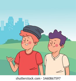 Teenagers friends smiling and greeting with cool clothes and accesories in the city park scenery, urban scenery ,vector illustration.
