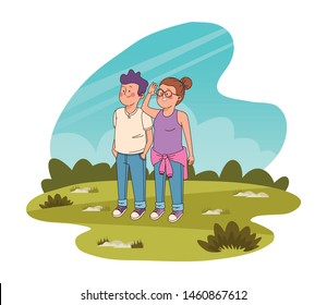 Teenagers friends smiling and greeting with cool clothes and accesories in nature park scenery ,vector illustration.