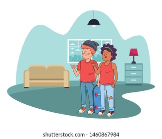 Teenagers friends smiling and greeting with cool clothes and accesories in the house living room scenery ,vector illustration.