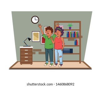 Teenagers friends smiling and greeting with cool clothes and accesories in house study room with library ,vector illustration.