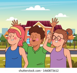 Teenagers friends smiling and greeting with cool clothes and accesories in the town, cityscape scenery ,vector illustration.