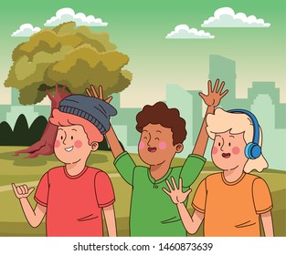 Teenagers friends smiling and greeting with cool clothes and accesories in the city park scenery, urban scenery ,vector illustration.