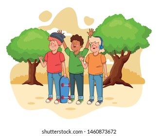 Teenagers friends smiling and greeting with cool clothes and accesories in nature park scenery ,vector illustration.