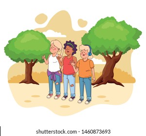 Teenagers friends smiling and greeting with cool clothes and accesories in nature park scenery ,vector illustration.
