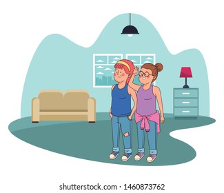 Teenagers friends smiling and greeting with cool clothes and accesories in the house living room scenery ,vector illustration.