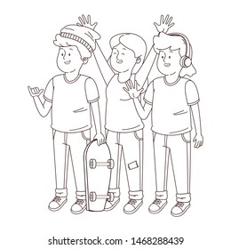 Teenagers friends smiling and greeting with cool clothes and accesories vector illustration graphic design