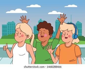 Teenagers friends smiling and greeting with cool clothes and accesories in the city park scenery, urban scenery ,vector illustration.