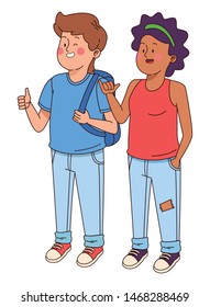 Teenagers friends smiling and greeting with cool clothes and accesories vector illustration graphic design