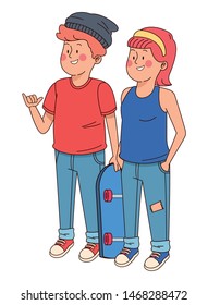 Teenagers friends smiling and greeting with cool clothes and accesories vector illustration graphic design