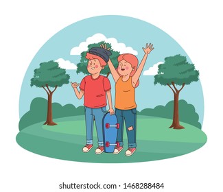 Teenagers friends smiling and greeting with cool clothes and accesories in nature park scenery ,vector illustration.