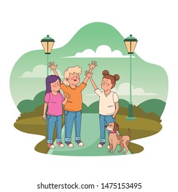 Teenagers friends smiling talking and walking the dog in the nature park with trees, landscape scenery ,vector illustration graphic design.